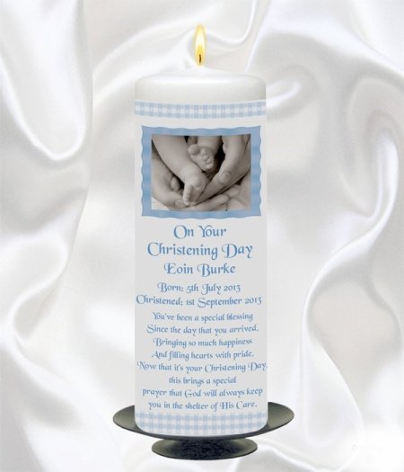 Blue Gingham Feet Candle – 9″ Pillar