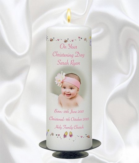 Pink Stars & Hearts Photo Candle – 9″ Pillar